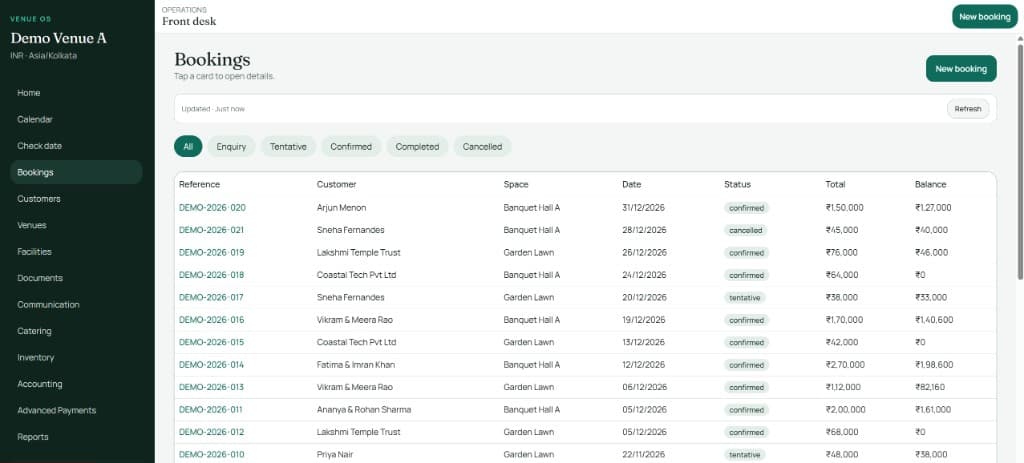 VenOS bookings list with status filters and balances