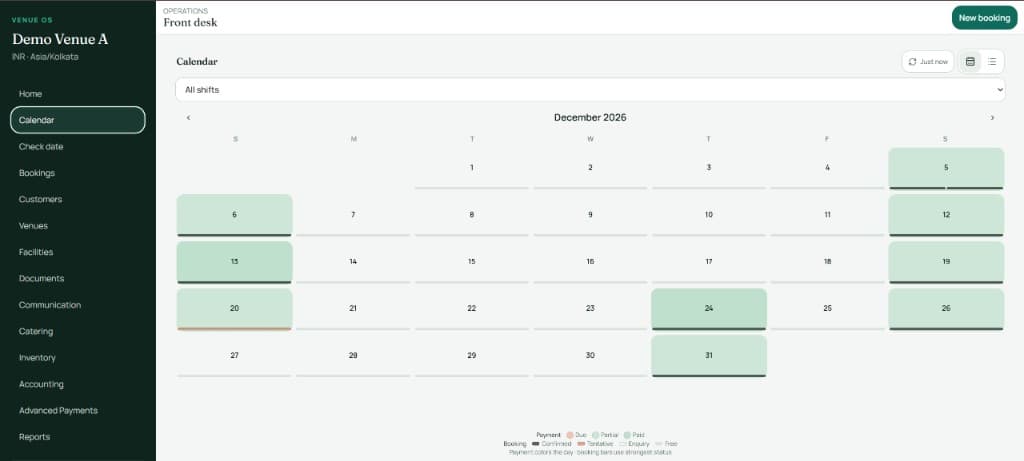 VenOS calendar coloured by payment status and booking strength