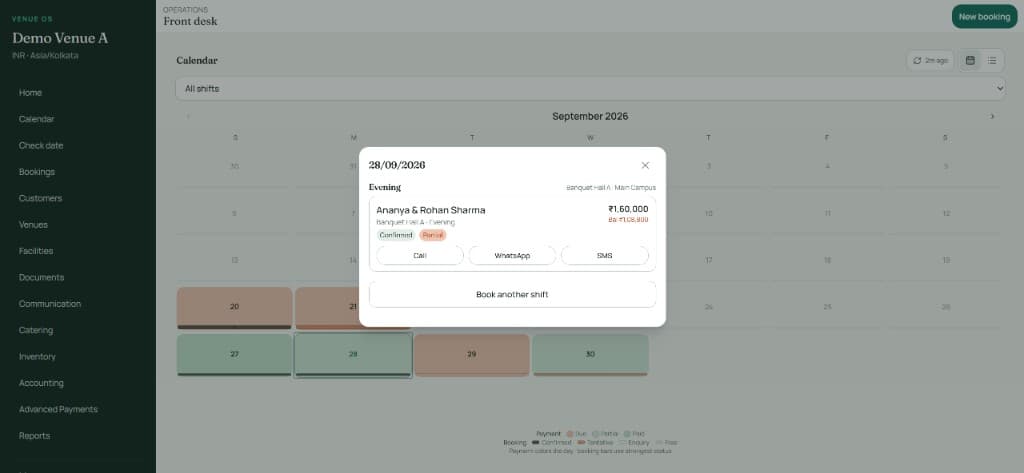 VenOS day sheet with booking balance and WhatsApp actions