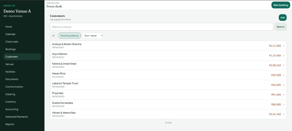 VenOS customers filtered by pending balance