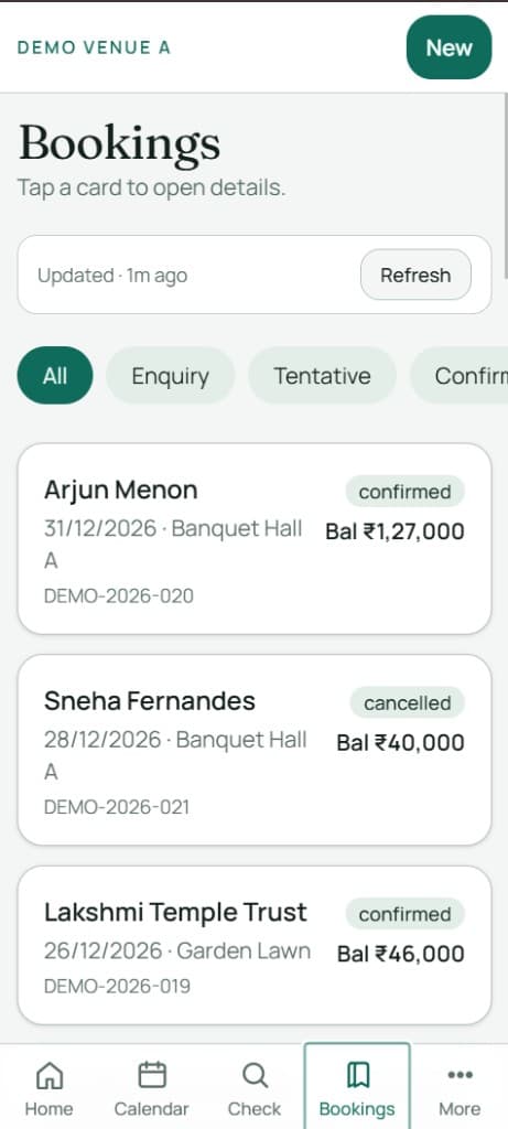 VenOS bookings list with status filters and balances