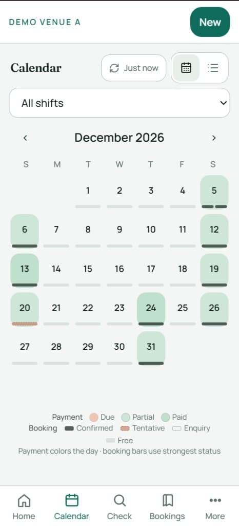 VenOS calendar coloured by payment status and booking strength