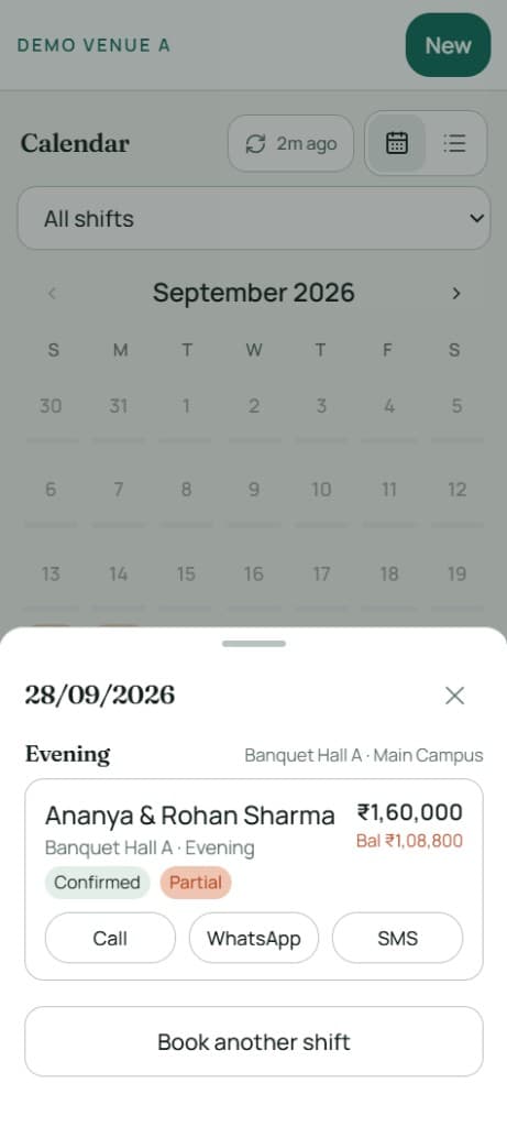 VenOS day sheet with booking balance and WhatsApp actions