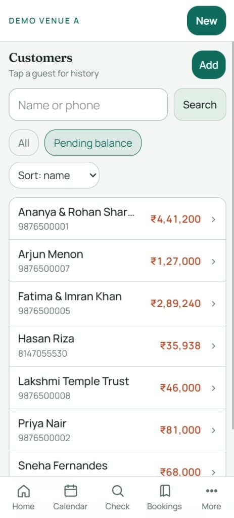 VenOS customers filtered by pending balance
