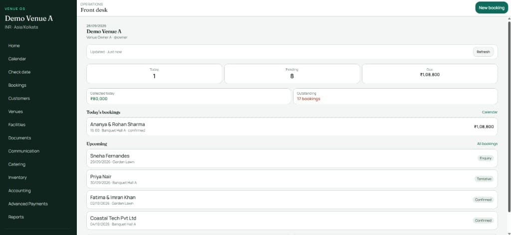 VenOS dashboard with today’s bookings, pending counts, and amounts due