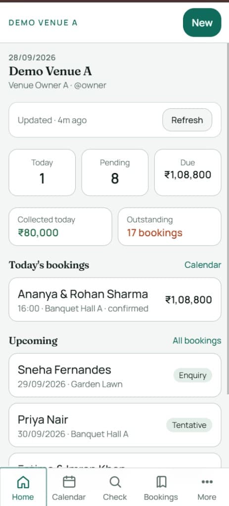 VenOS dashboard with today’s bookings, pending counts, and amounts due